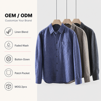 Chemise décontractée en lin chambray pour homme, personnalisée OEM, manches longues, bleu moyen, style japonais frais, respirante, pour l'automne et le quotidien