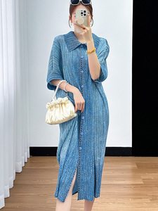 Robe d'été plissée Miyake pour femme, couleur unie bleu <span class=keywords><strong>jean</strong></span>, manches courtes, col polo boutonné, Vestido - Product Image 3