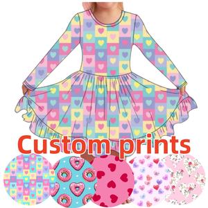 女孩情人节连衣裙学步儿童心长袖连衣裙褶边休闲太阳裙假日旋转服装制造商中国 - Product Image 1