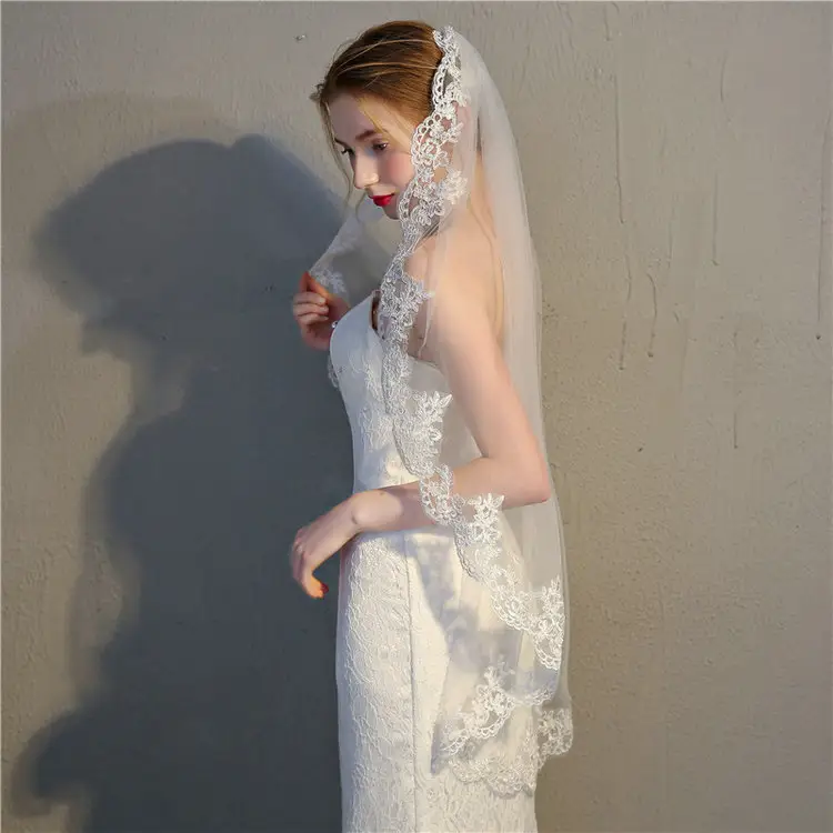 QS uno strato con pettine velo da sposa squisito pizzo decorazione bianco velo corto accessori da sposa per la signora