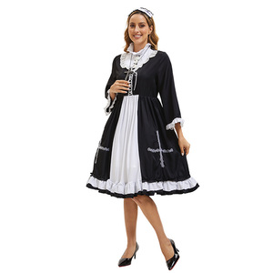 Costume de femme de chambre noir avec détail croix blanche, grande taille, robe de fête d'Halloween, tenue de scène - Product Image 4