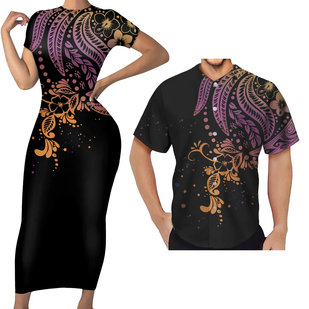 Toptan fiyat polinezya Samoan Tribal tasarım özel Vintage çift giyim kadınlar Maxi elbise maç erkekler beyzbol takım elbise