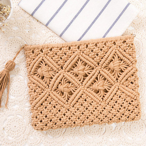 Wholesale Handmade <strong>Macrame</strong> Straw Rattan Casual Tote <strong>Bag</strong> with Zipper Closure Beading &amp; Chains-Colorful Knitting Crochet Design - Product Image 5