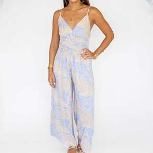 Mono casual de lujo al por mayor con estampado Aloha, cuello en V profundo y tirantes, mono de rayón personalizado - Product Image 1