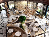 Comptoir de bar en bois pour restaurant de restauration rapide, banquette personnalisée, table moderne en marbre et ensemble de chaises en velours pour restaurant