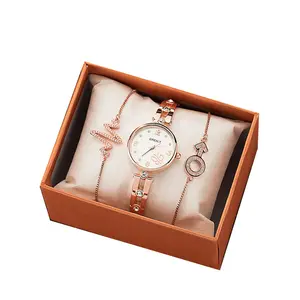 Venta al por mayor, caja de regalo de pulsera Simple, Conjunto de reloj de aleación de moda para niñas