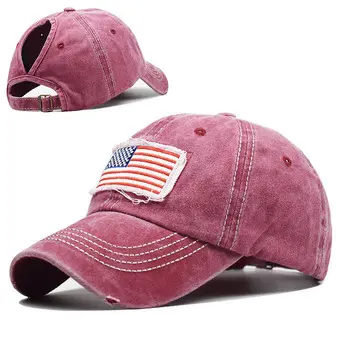 도매 여성 조정 가능한 구멍 미국 패치 플래그 스포츠 빈티지 트럭 운전사 모자 높은 포니 테일 야구 모자