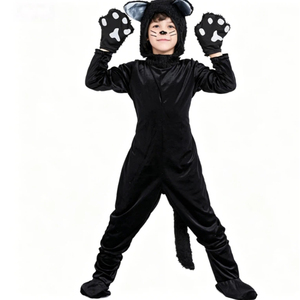Combinaison de cosplay chat noir pour enfants, costume d'animal d'Halloween, tenue de chat pour tout-petits avec gants et queue pour spectacle de maternelle - Product Image 2