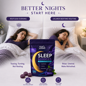 Gomitas Veganas para Dormir con Fórmula Personalizada, Bajo MOQ, Certificación GMP, 5mg de Melatonina y L-Teanina, Sabor a Mora, para un Sueño Reparador y Relajante - Product Image 1
