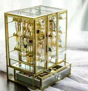 Customized Wholesale Modern Fashion Cheap Gold Metal Copper Jewelry Storage Box, Clear Glass Jewelry Box