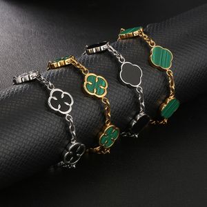 <b>Mens</b> Hiphop Flower Chain Bracelet 18K Gold Plated Stainless Steel Malachite Onyx Claw Setting Clover Bracelet Jewelry Gift - Product Image 3