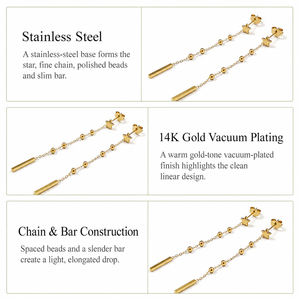 ต่างหูทรงหยดน้ำสตาร์บาร์เชน สแตนเลสสตีล ชุบทอง 14K ด้วยระบบสุญญากาศ - Product Image 3