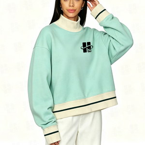 Pull en coton bicolore surdimensionné pour femme avec col montant, bordure à rayures contrastées et broderie appliquée personnalisée – Vente en gros - Product Image 2