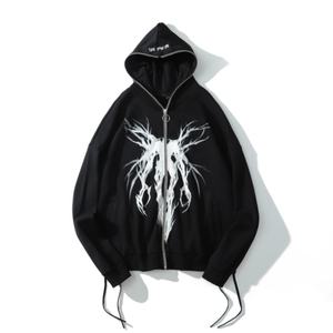 Sweat à capuche tendance noir à fermeture éclair intégrale, style hip-hop, broderie sur le devant, manches longues, sweat-shirts à capuche - Product Image 1