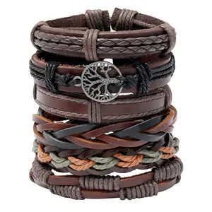 Vintage Hand Woven Tree Of Life Bracelet Diy Combination 6-Pieces A Set Men'S Jewelry Bracelet Beaded Leather