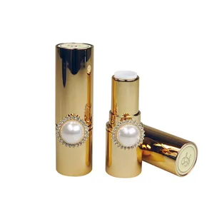 Luxury shiny gold empty lipstick tube packaging with pearl ring lipstick container custom plastic tube packaging