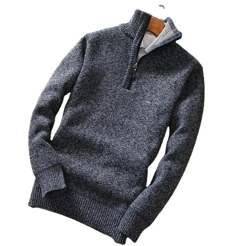 Sweter Tebal Bulu Domba Pria Ukuran Plus Mode Murah Turtleneck Setengah Ritsleting Hangat Pullover Sweter Rajutan Pria