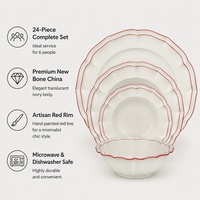 Lot de 24 assiettes de table en porcelaine élégantes avec bordure rouge, personnalisables pour mariages et usage quotidien, service de vaisselle en céramique