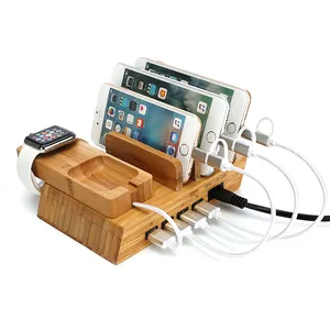 Vnew-estación de carga rápida de madera, 4 puertos, usb, para todos los teléfonos móviles/tabletas/reloj inteligente/auriculares