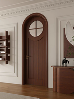 Porte en bois à charnières style médiéval avec placage bois, lignes décoratives, style Mid-Century, double porte avec verre dépoli et lignes croisées