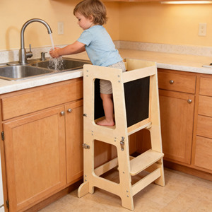 4 in 1 Standing Wood Montessori Learning Tower Kitchen & Dining Helper Stool with Chalkboard for Toddlers 1-5 Years - Product Image 2