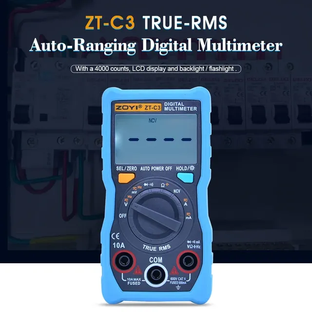 ZOYI ZT-C3 Auto Range 4-Digit Digital Multimeter 4000 Counts TRMS AC/DC Ammeter Voltmeter Ohm Tester LCD Backlight Data Hold