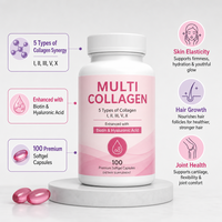 Collagène multi-peptides antioxydant pour la beauté de la peau, des cheveux et des ongles, vitamine blanchissante pour adultes, 100 capsules