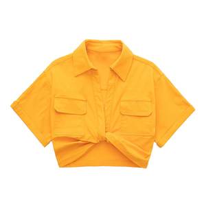 T-Shirt a maniche corte in cotone pieghettato comoda all'ingrosso 9779 tinta unita con spalline sottili da <span class=keywords><strong>donna</strong></span> <span class=keywords><strong>camicia</strong></span> a maniche corte con tasche - Product Image 3