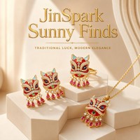 JinSpark Nouvelle Parure de Bijoux Zircon Style Chinois Danse du Lion Porte-Bonheur Plaqué Or 18K Boucles d'Oreilles Collier Bague Cadeau Festif pour Femme