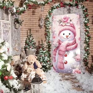Bandera Navideña Rosa para Puerta, Decoración Estética con Diseño de Muñeco de Nieve y Flores, Cubierta de Poliéster para Puerta Principal, Decoración Festiva para Exteriores del Hogar - Product Image 5