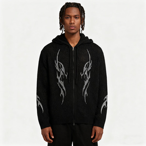 Nhà sản xuất bộ đồ thể thao nam chất liệu cotton dày dặn, kiểu dáng waffle, in họa tiết lửa, áo hoodie có khóa kéo toàn thân và quần jogger. - Product Image 4