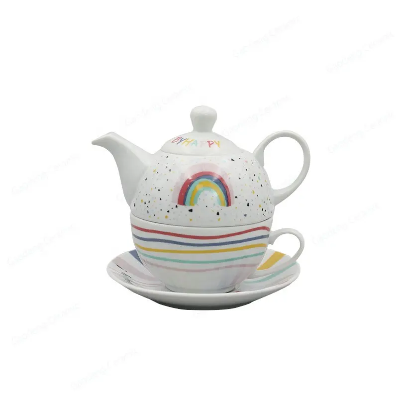 new arrivals of porcelain ceramic coffee cup and saucer new bone china tea pot with rainbow design