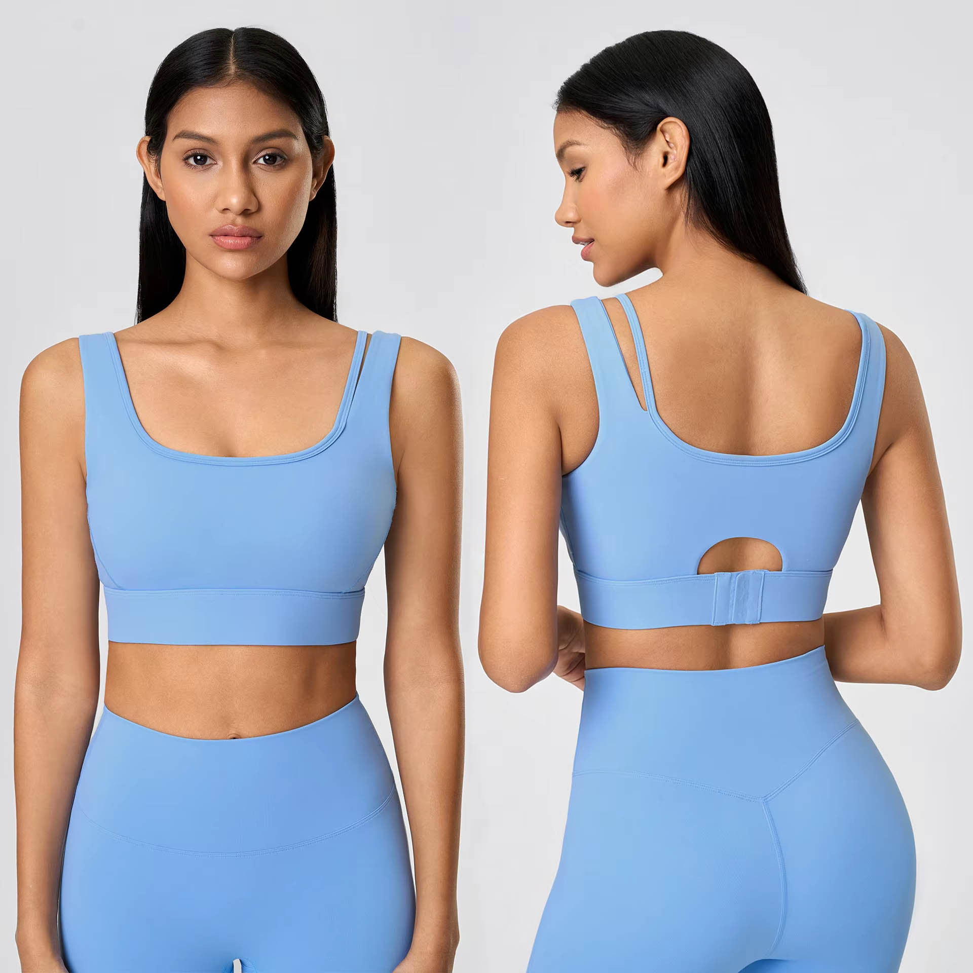 Women's Round-Neck Shockproof Hollow Yoga Bra Front Crystal Decoration Medium Support Strappy Back Buckle for Running Workout