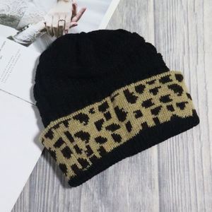 Wholesale Vietnam Low Moq Foldable Women Autumn Winter Custom Logo <b>Hat</b> Plain Beige Leopard Acrylic Adult <b>Lady</b> Headwear <b>Beanies</b> - Product Image 2