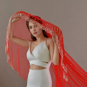 YouLaPan V263 Hijab de <span class=keywords><strong>mariage</strong></span> de mariée rouge vif avec décoration de perles artificielles robe de mariée de mariée sans voile de peigne à cheveux - Product Image 3