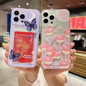 Чехол-кошелек для iPhone 15 14 Pro Max с цветочной бабочкой и отделением для карт