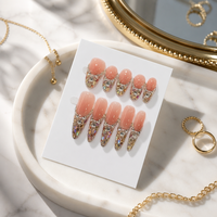 Faux ongles Baolun faits main de luxe, dégradé rose nude, courts, ovales, avec strass dorés et argentés, French manucure, couvrance totale, avec colle