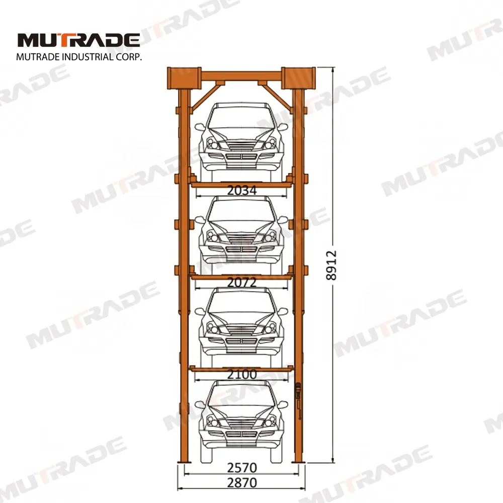 Apilador de coches de cuatro postes de 3/4 niveles, elevador de estacionamiento de postes compartidos