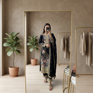 Robe de soirée pour femme en satin floral, viscose lourde, broderie en soie, coupe trapèze, longueur au sol, lavable à la main, de haute qualité, style indien pakistanais - Product Image 1