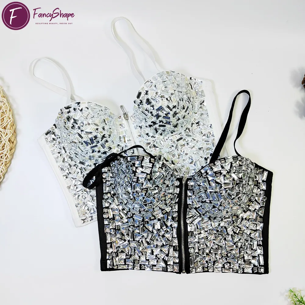 Kadın Rhinestone büstiyer kırpma üst seksi fermuar ön korse üst Push up kulübü parti korse üst siyah