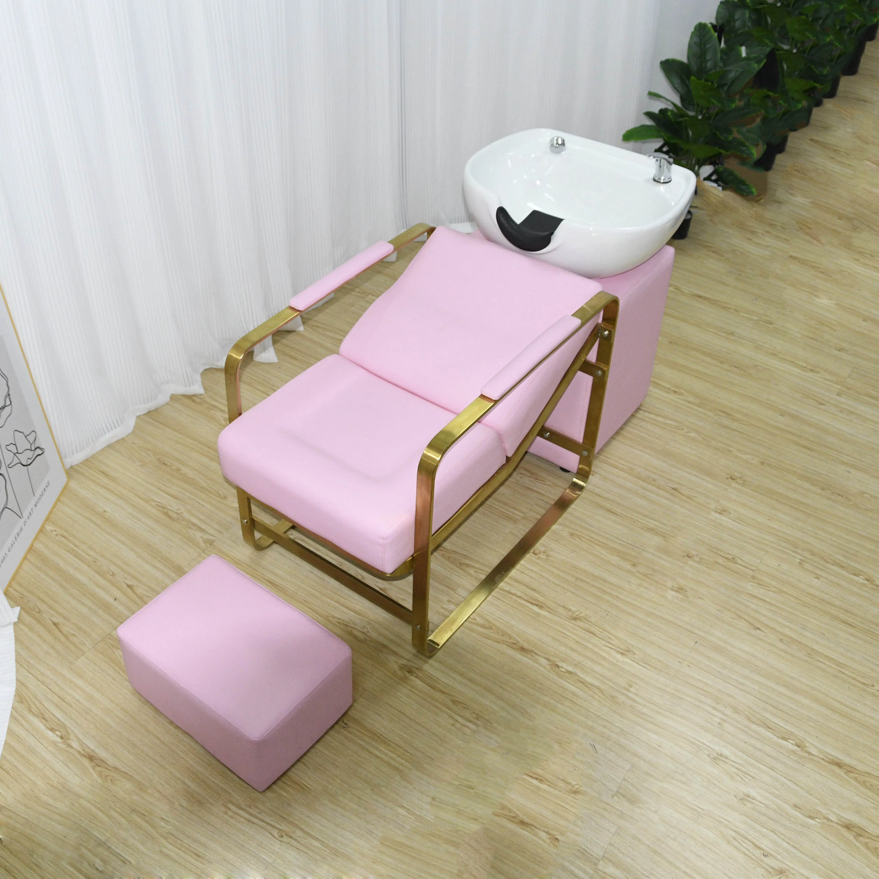 Cheap Pink Shampoo Bed Chairs Set Hair Salon Furniture Reclining Backwash Unit Shampoo Bowls Sink and Chairs