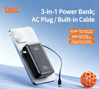 Banco de Energía Portátil de Gran Capacidad, Carga Rápida PD de 22.5W, Ultra Delgado, 20000mAh, Cables Integrados, Carga Rápida, Enchufe de CA Plegable
