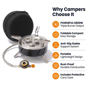 Réchaud de <span class=keywords><strong>camping</strong></span> portable pliable à <span class=keywords><strong>3</strong></span> brûleurs 6800W au butane, vente en gros OEM personnalisée pour la randonnée et les pique-niques - Product Image 4
