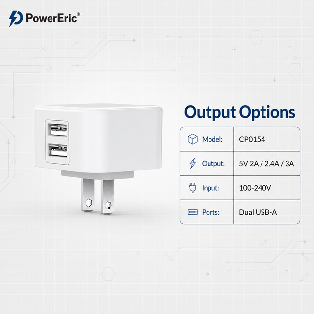 5V Dual USB-A Charger 2A 2.4A 3A USB Power Adapter for Mobile Phones Tablets and Portable Devices