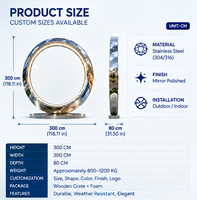 Sculpture circulaire en acier inoxydable poli miroir BSA avec éclairage LED 304/316, grande statue métallique pour l'aménagement paysager extérieur des places publiques