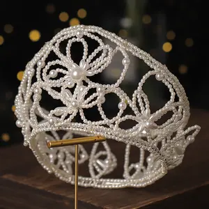 Hand Perlen Perle Luxus Hochzeit Braut Festzug Strass Kristall Diademe Kronen form Kopf bedeckungen für Königinnen und Braut