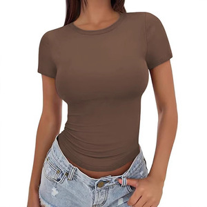 Nuova t-shirt da donna snellente Look collo stretto Sexy top estivi da donna a maglia Anti-Pilling - Product Image 5