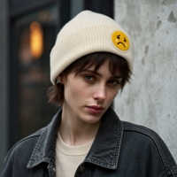 Crying Face Patch Rib-Knit Cuffed Beanie Ivory White Casual Street Hat