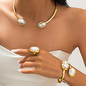 पॉप मोती गहने सेट अतिरंजित बारोक बड़े अनुकरण मोती हार कंगन रिंग अनियमित ज्यामितीय उद्घाटन रिंग ब्रेसलेट - Product Image 2