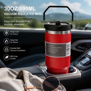 Gobelet isotherme 30oz avec poignée et couvercle à paille, compatible porte-gobelet de voiture, anti-fuite, pour café glacé, idéal pour l'école et les voyages - Product Image 4